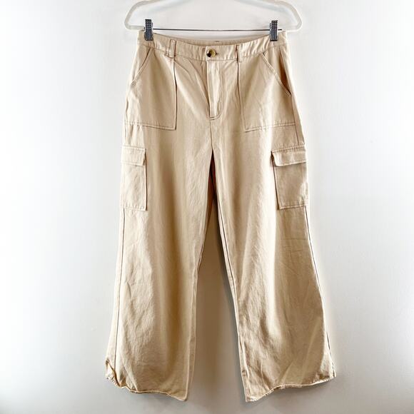 ACOA High Rise Wide Leg Cargo Pants Khaki Tan Large - Picture 2 of 11